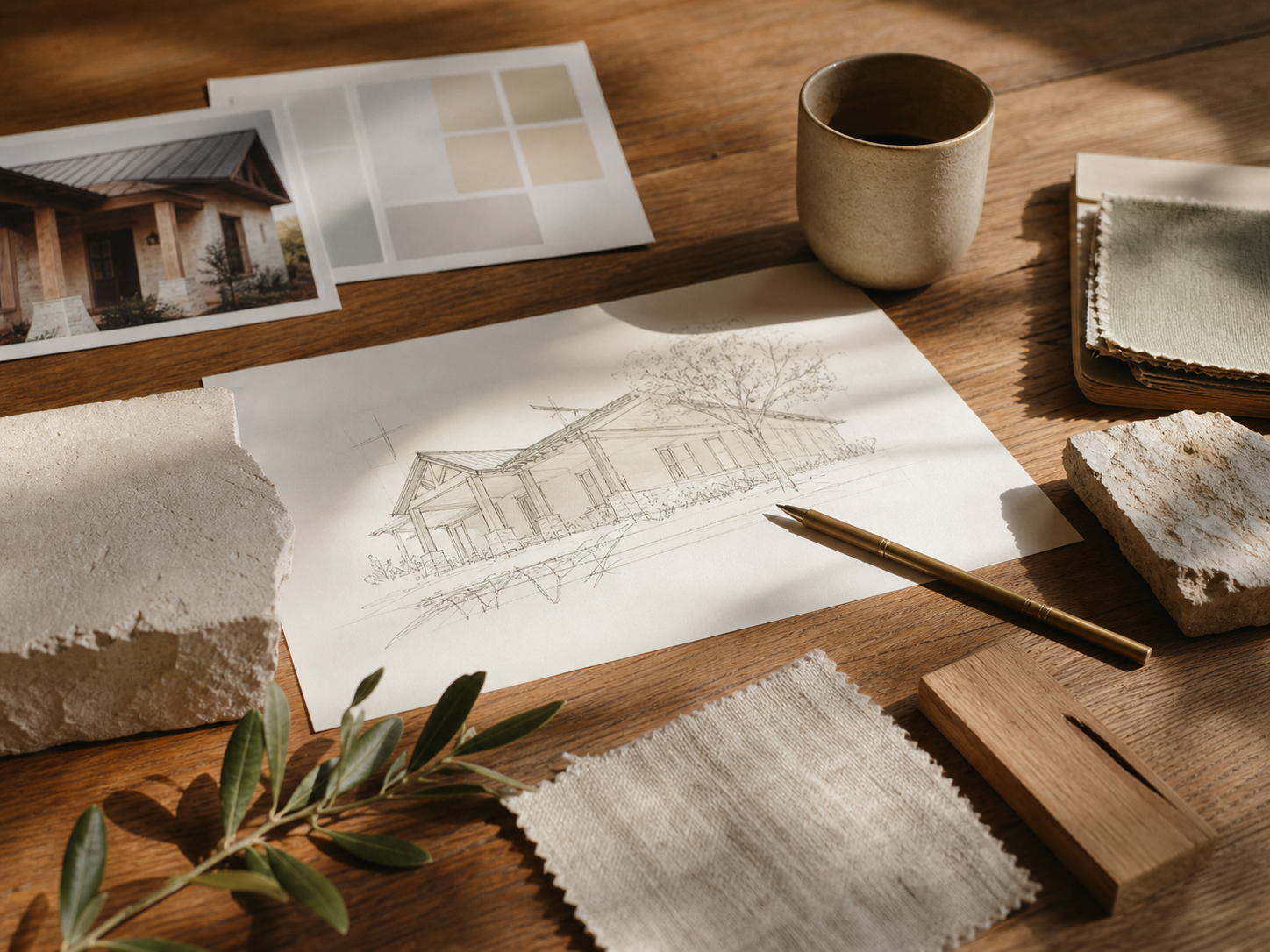 Architectural sketches, plaster, stone, oak, and linen gathered on a warm design table