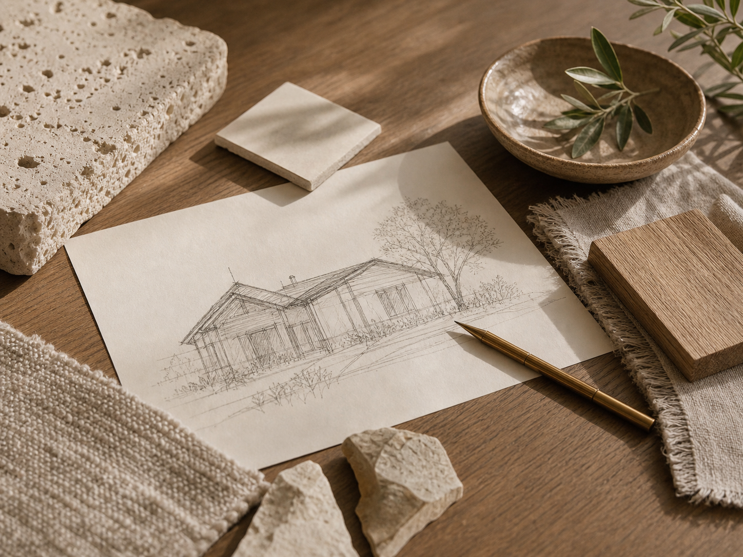 An intentional design-build table with sketches, stone, oak, and linen