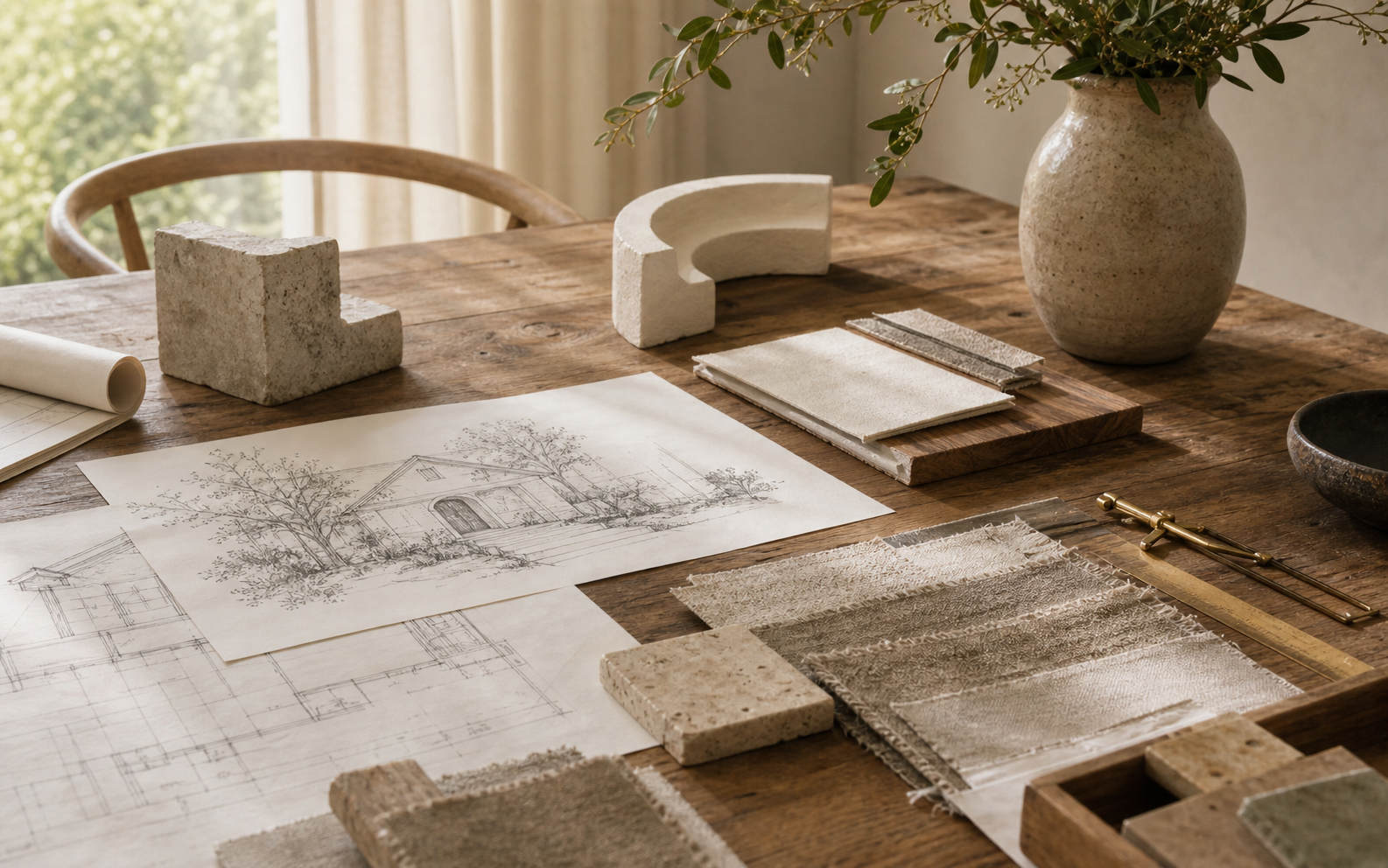 A warm studio table with architecture sketches, stone, oak, linen, and plaster