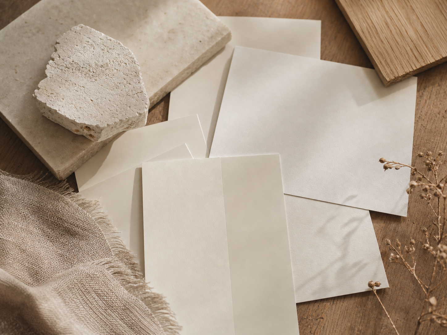 Warm white paint samples with plaster, stone, oak, and linen