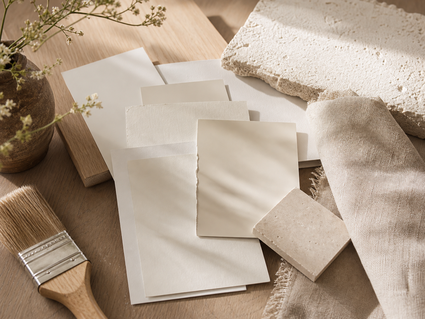 Warm white paint, plaster, stone, oak, and linen samples in soft daylight