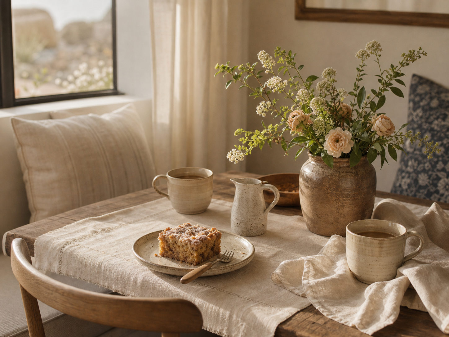 A soft desert morning table with coffee cake, ceramics, flowers, and linen