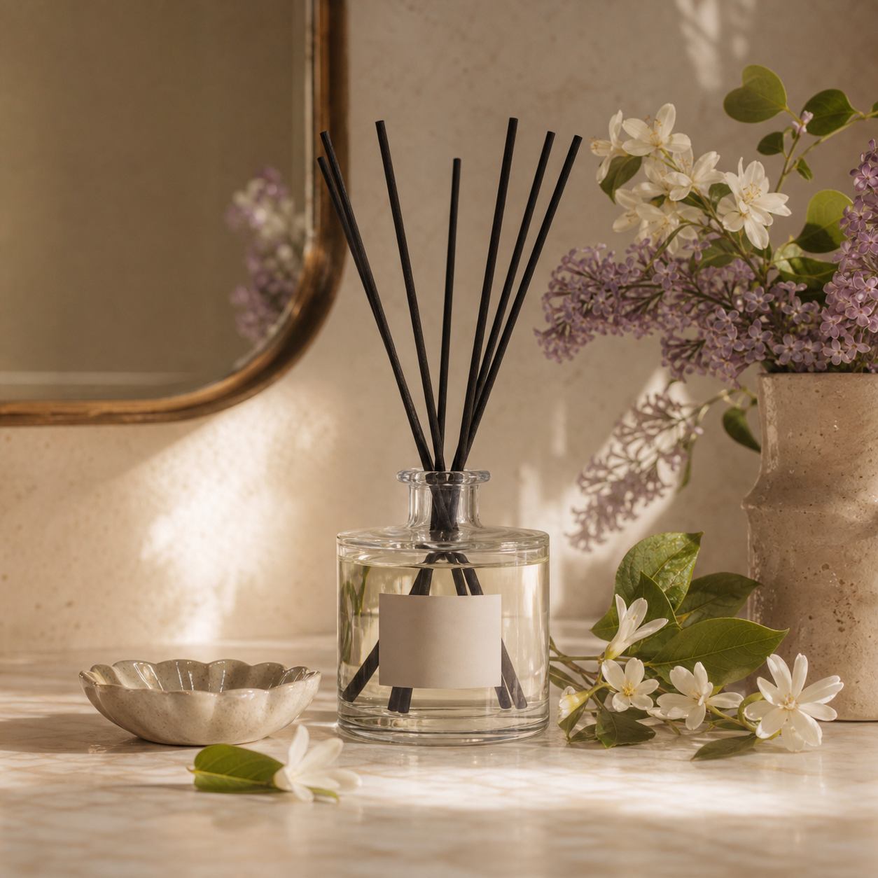 A clear reed diffuser on a cream stone counter with soft flowers nearby