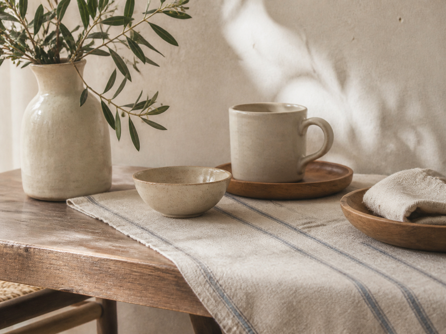 A folded striped runner on a warm table with cream ceramics