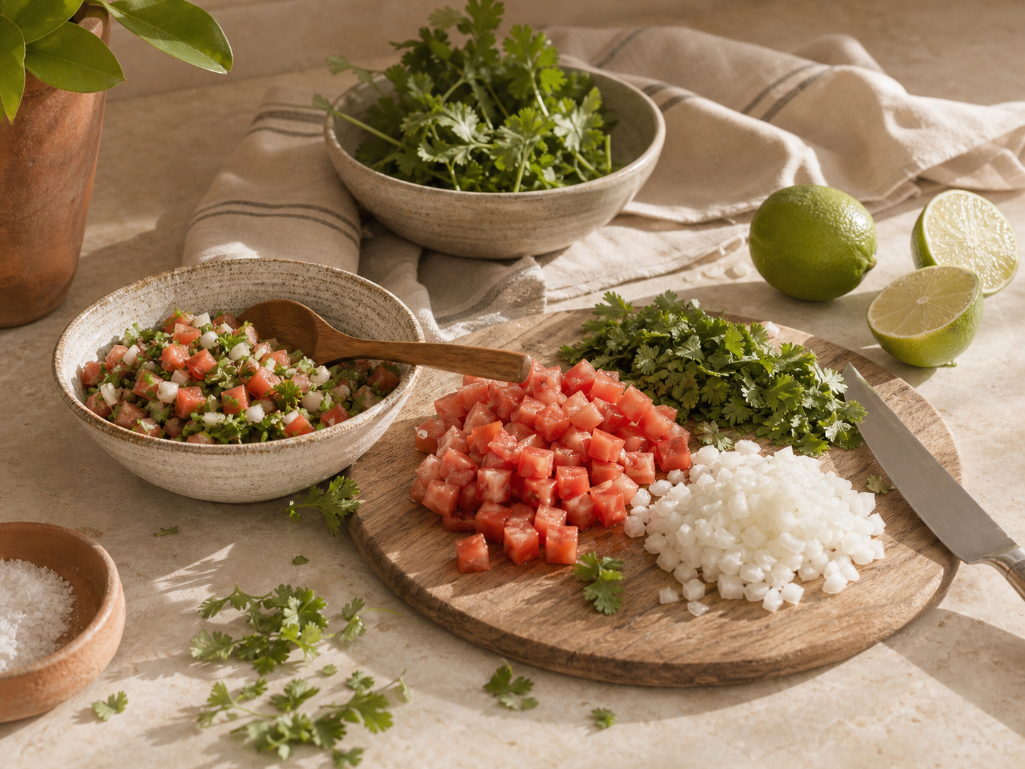 Fresh salsa ingredients gathered on a warm kitchen counter