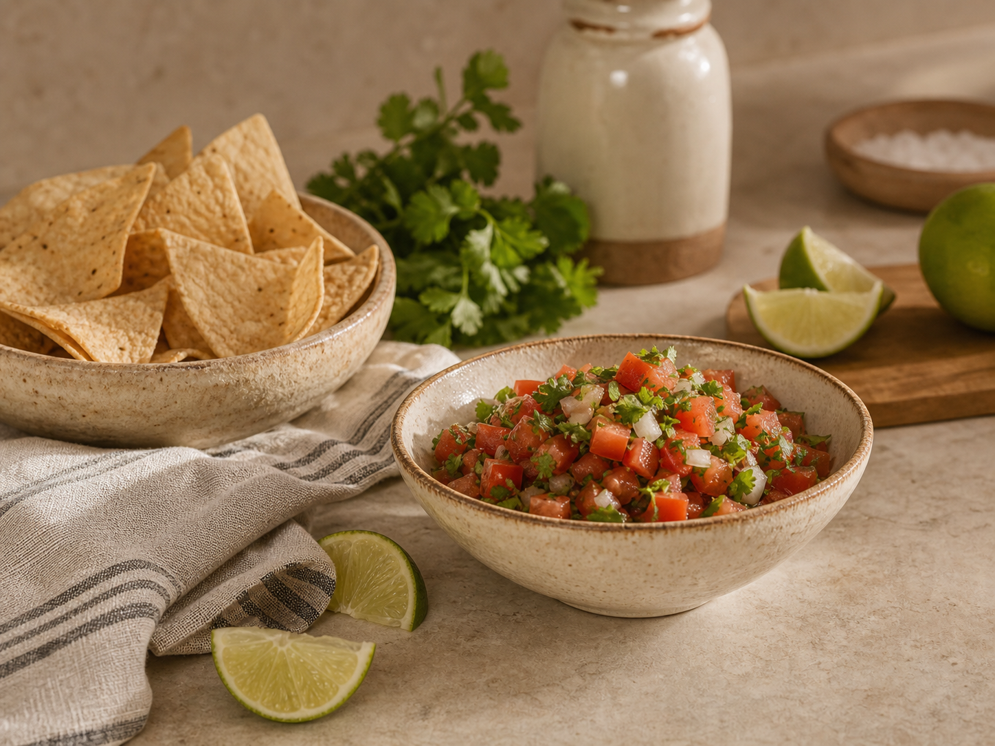 A bowl of fresh salsa with tortilla chips, lime, cilantro, and linen