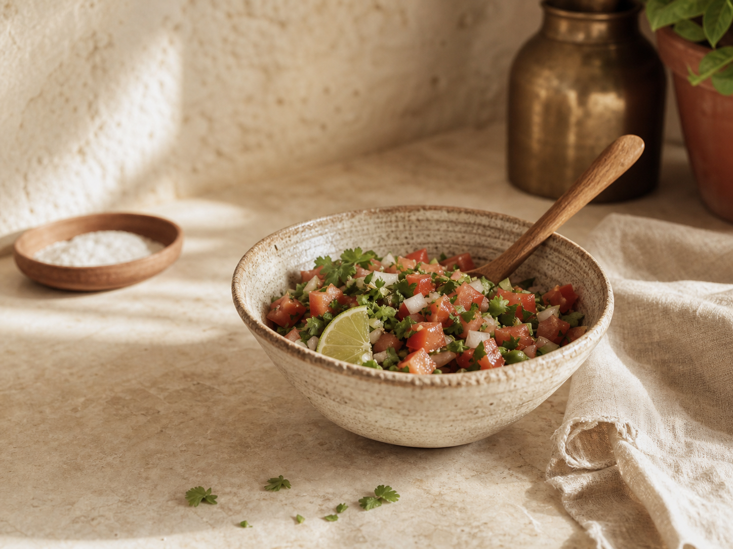 A ceramic bowl of fresh salsa with lime, cilantro, and a wooden spoon