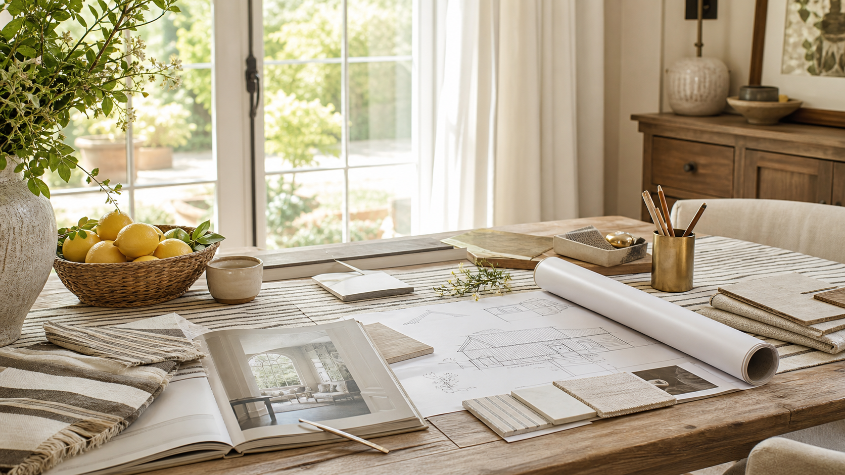 A sunlit design table with plans, samples, striped linen, lemons, and ceramics