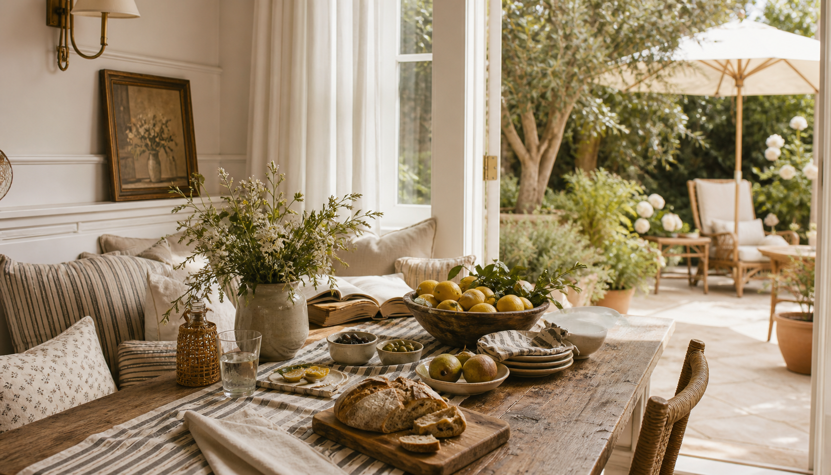 A layered breakfast nook with flowers, ceramics, stripes, and warm collected objects