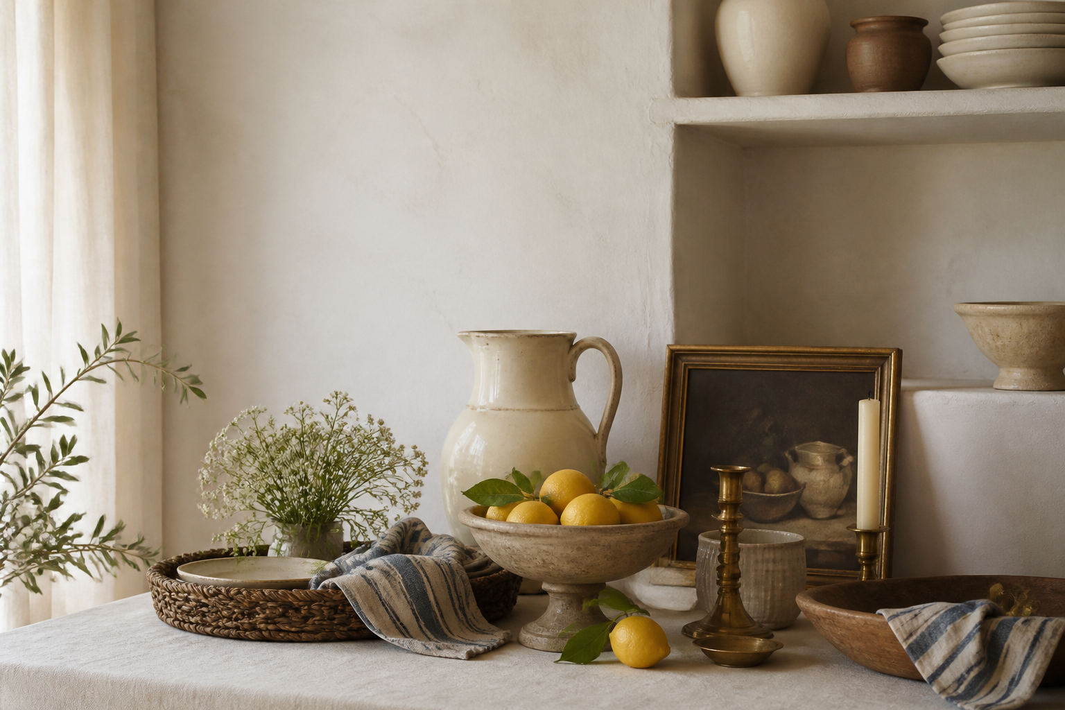 Collected kitchen objects arranged with warm old-soul texture