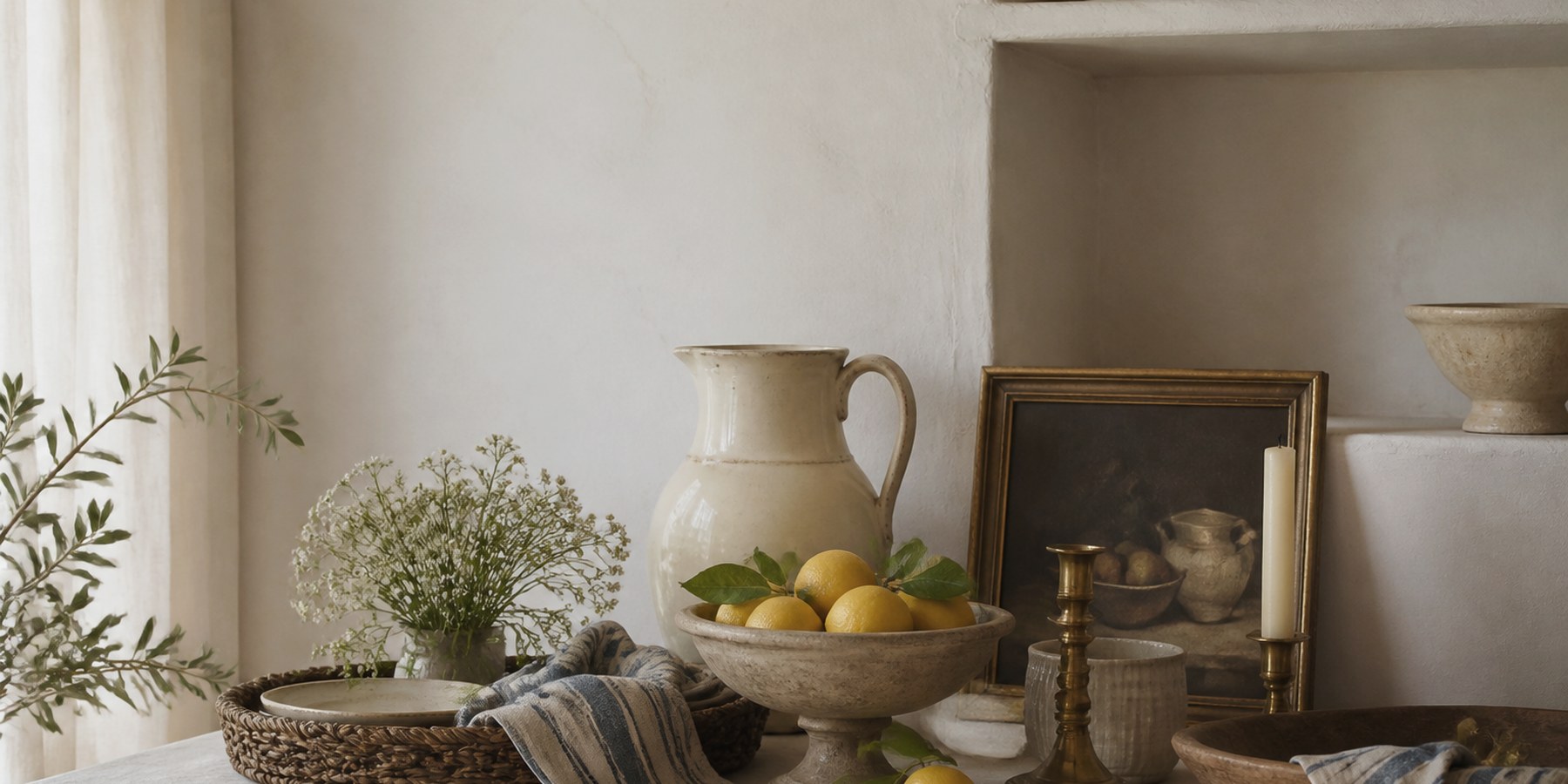 A warm interior with plaster walls, lemons, ceramics, and collected details