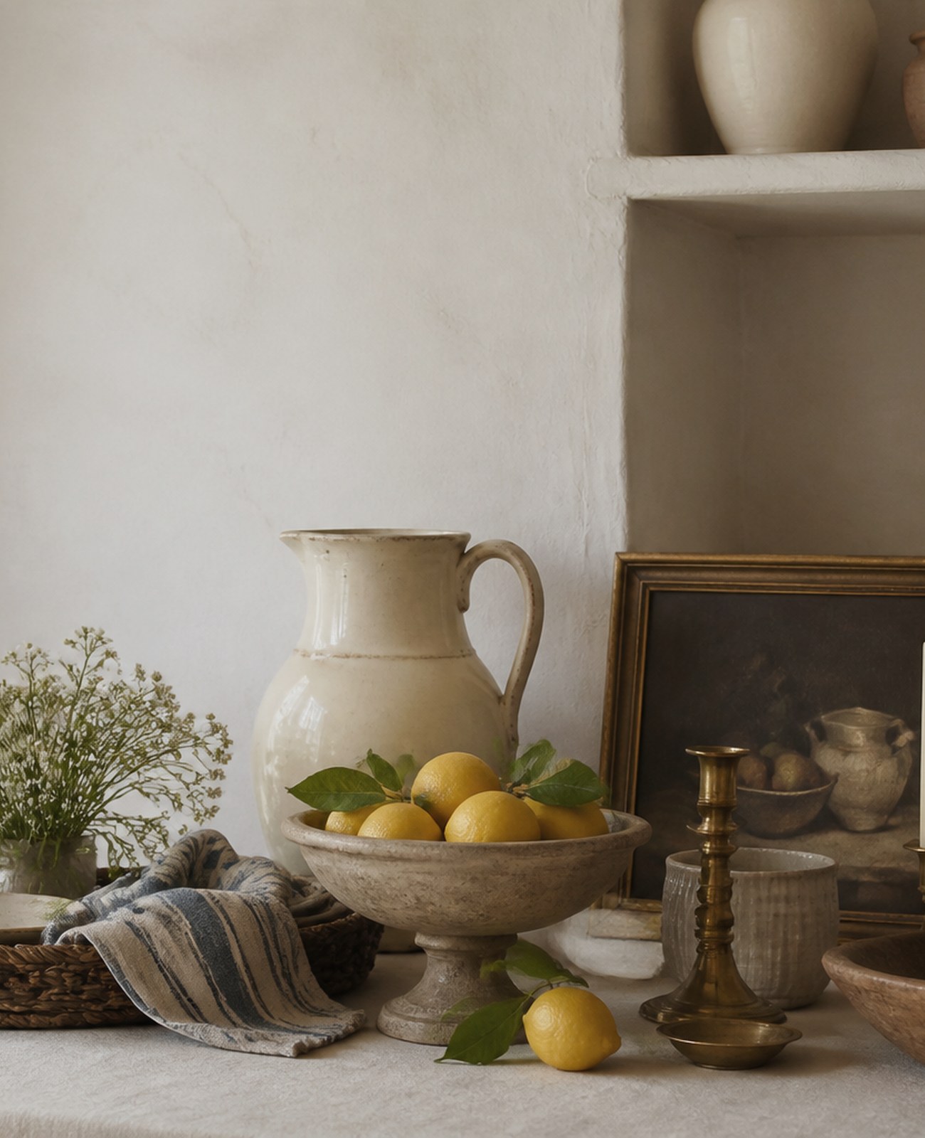 Lemons in a stone bowl, ceramic pitcher, striped linen and brass on a warm surface