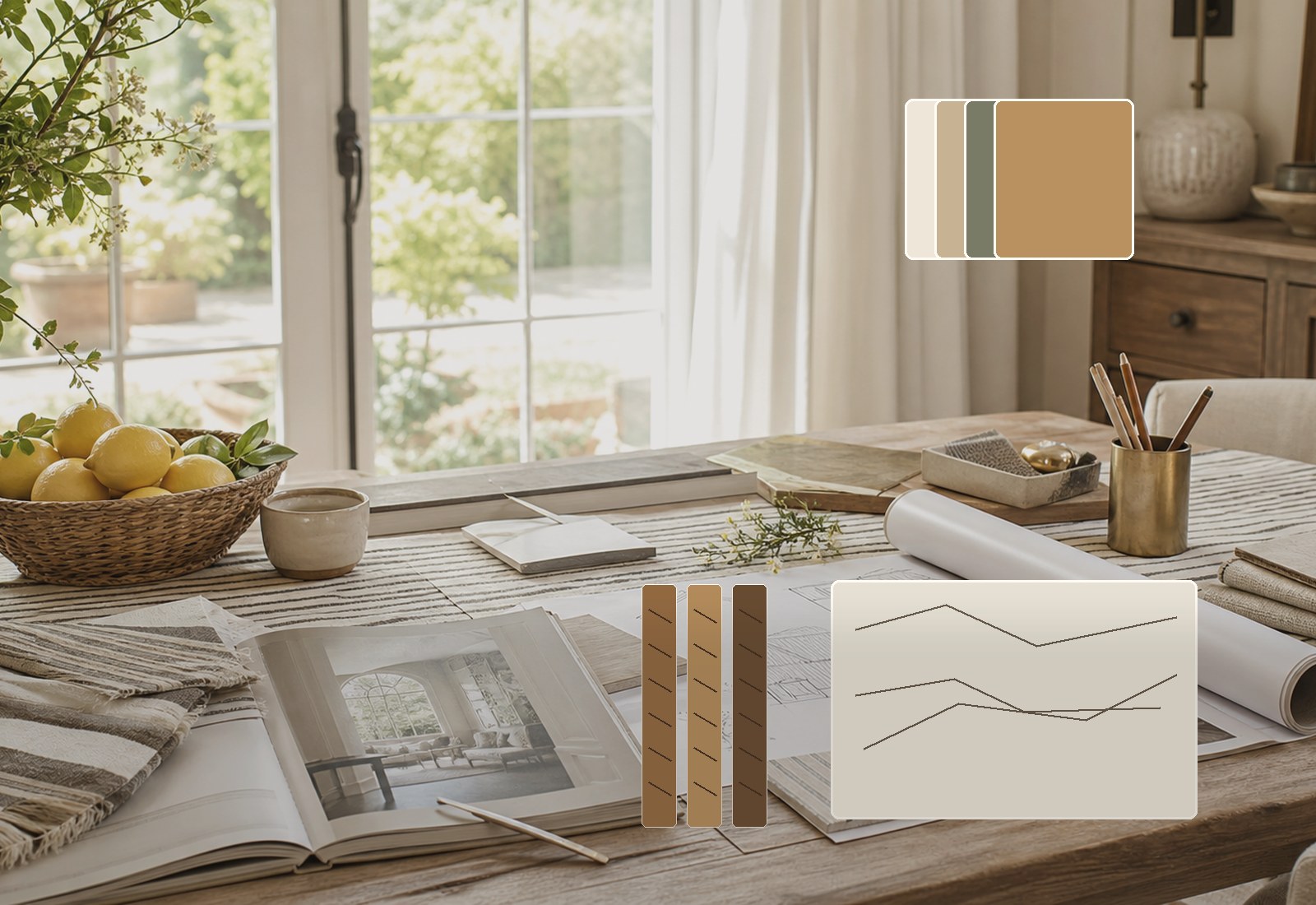Warm white and natural material samples gathered on a studio board