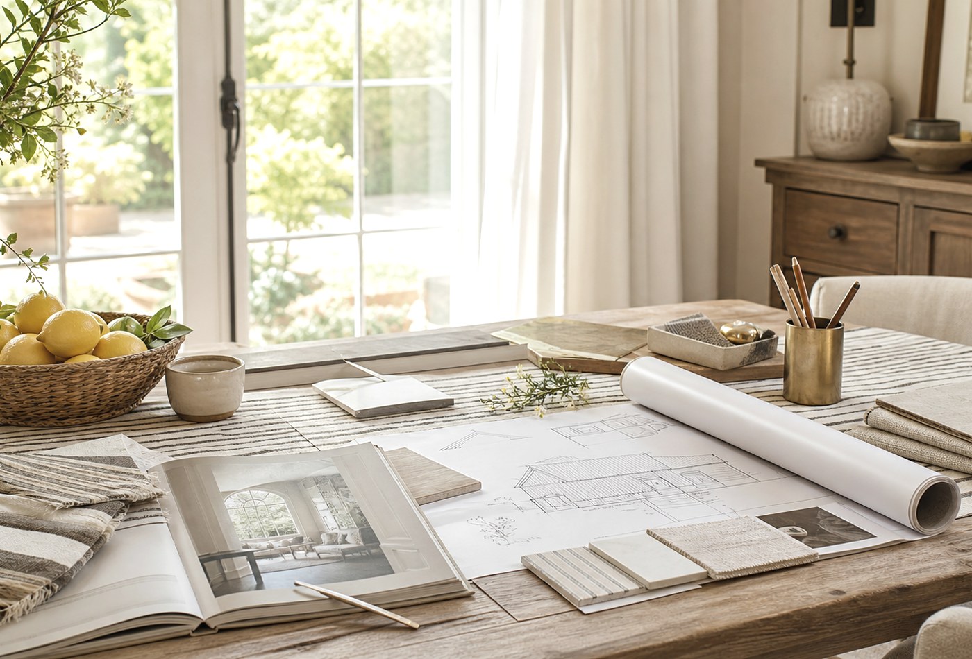 Material samples and architectural plans spread on a warm design table